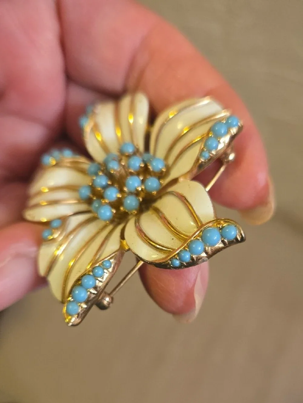 Gold-Trim White Enamel Floral Brooch with Blue Accent Beads